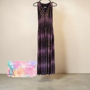 Ace Fashion Purple Gold Metallic Smocked Waist V-Neck Maxi Dress Plus Size 2X
